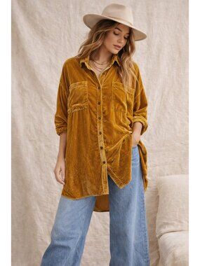 Free People Velvet Oversized Tunic Shirt Gold Mustard Boho Small S